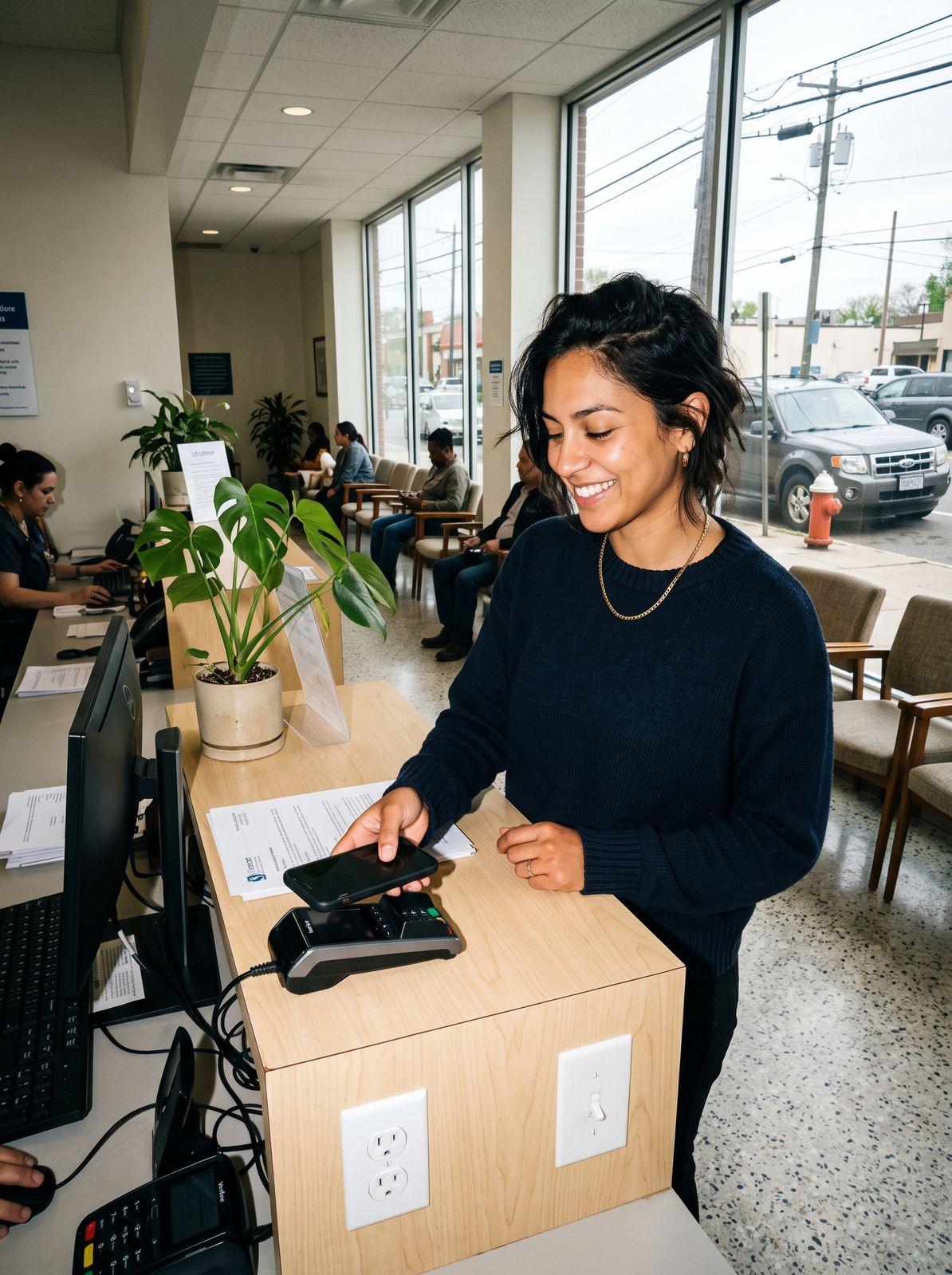 A Smirk member tapping her phone to pay at a clinic reception desk