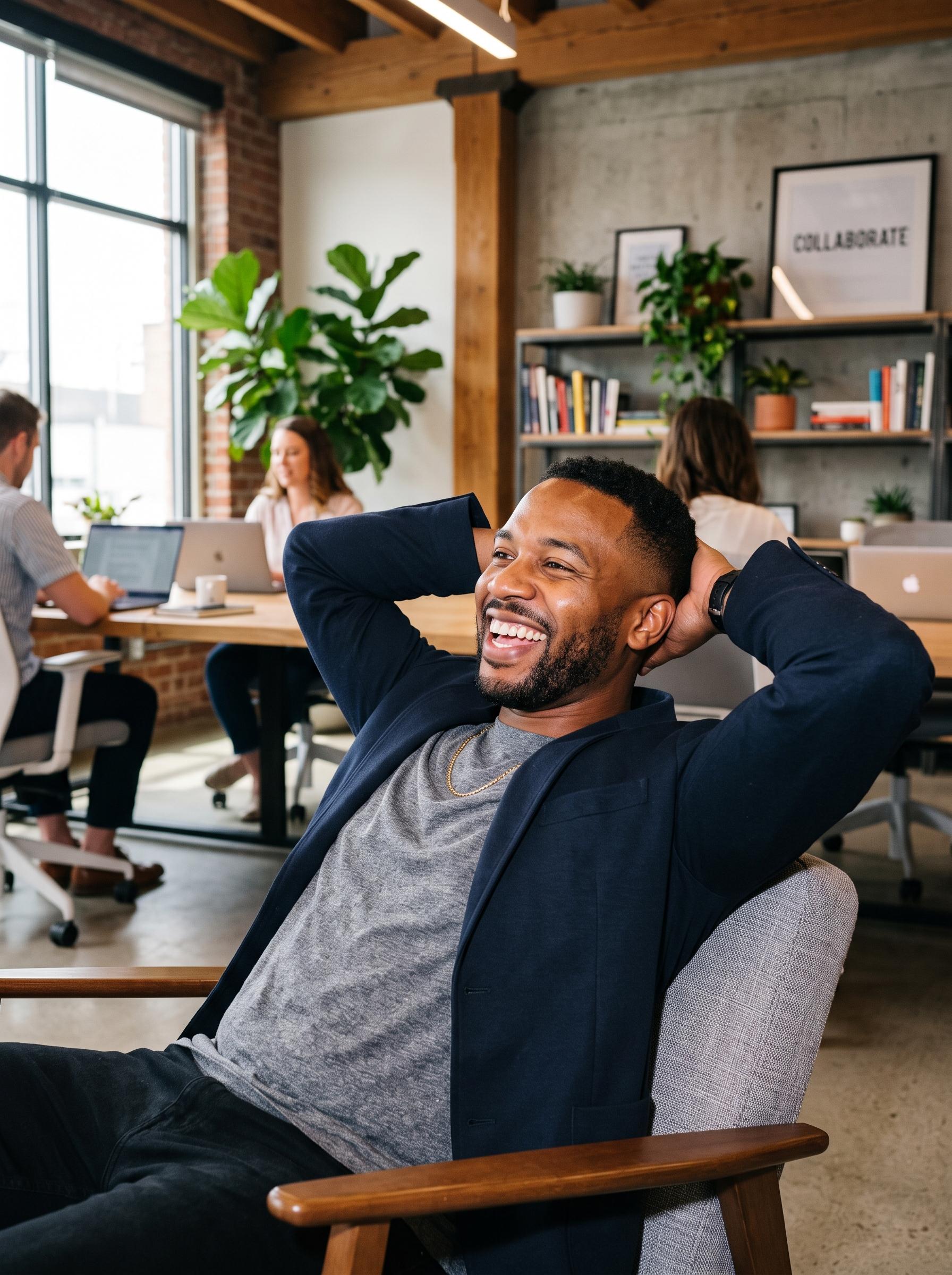 A support rep laughing in an office chair, at ease.