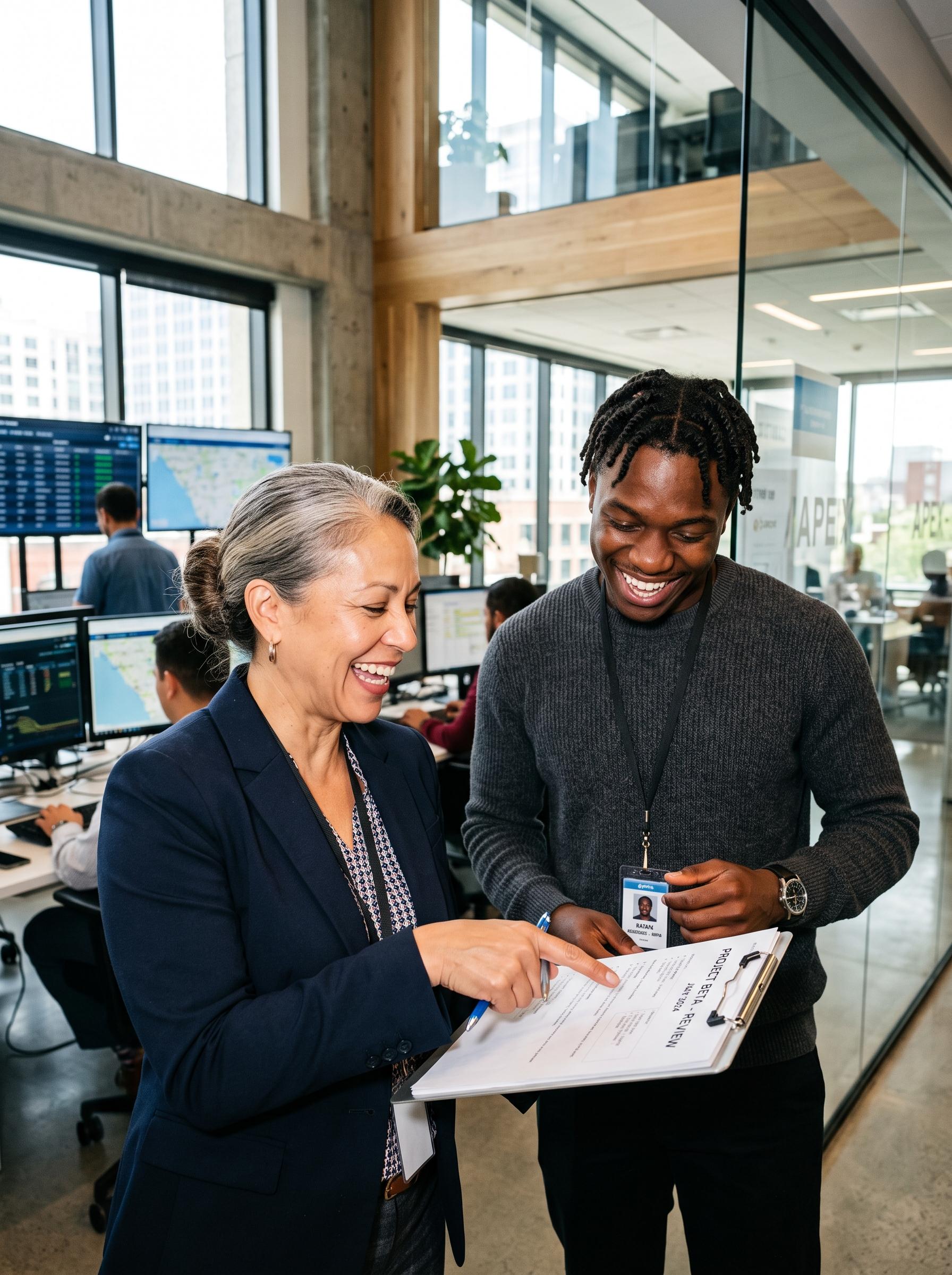 Two coworkers reviewing benefits paperwork together.