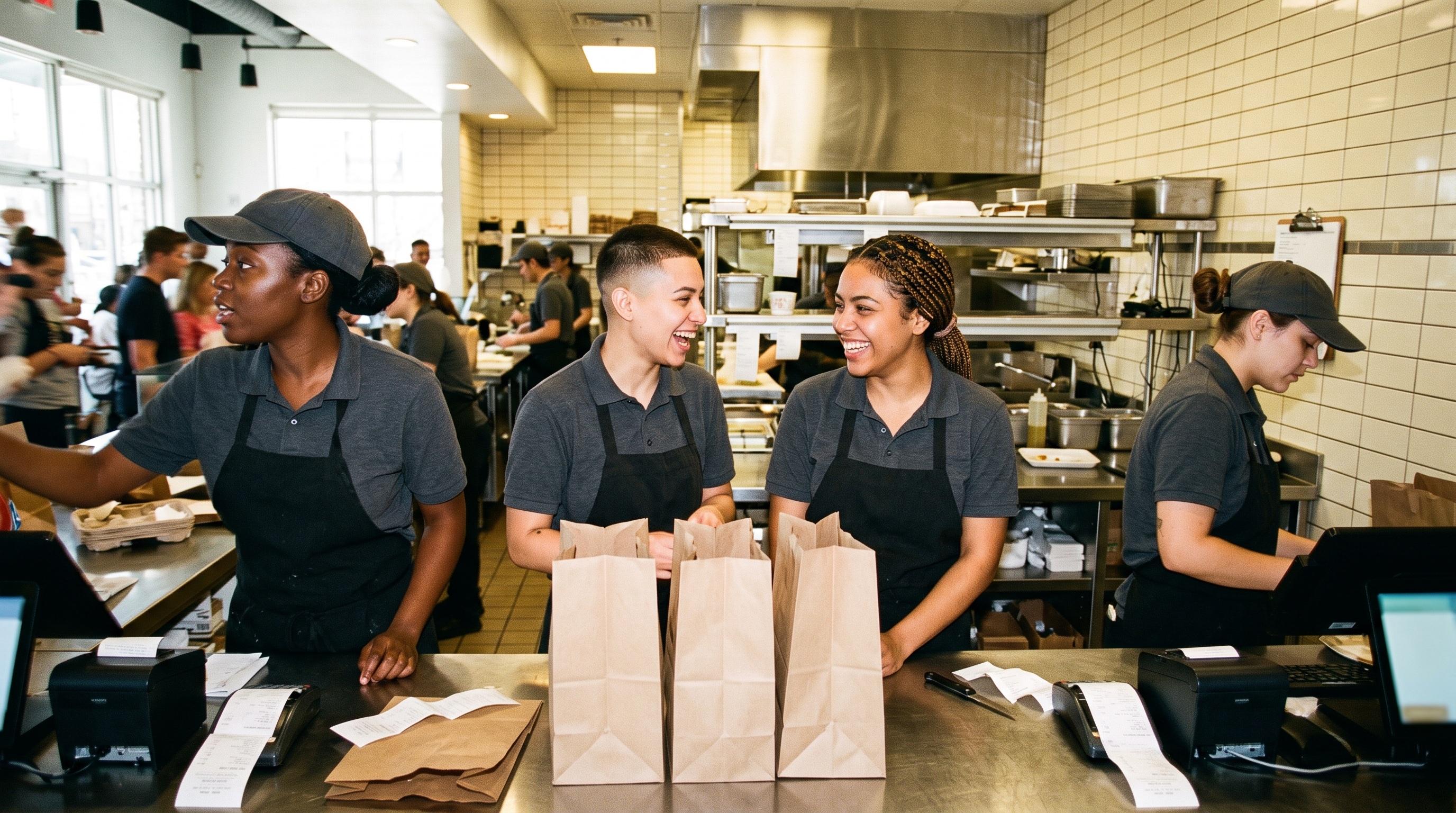Restaurant crew laughing together at the pickup counter during a rush